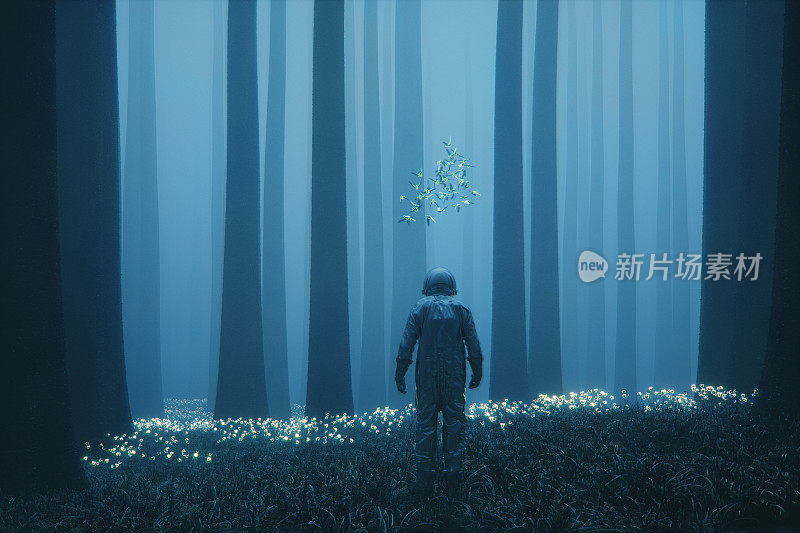 Astronaut lost in the forest on alien planet
